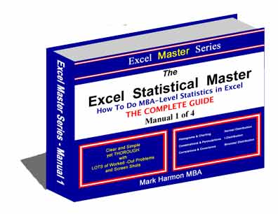 Excel Master Series - Description of All 4 eManuals - MBA-Level Topics Include histograms, combinations, permutations, correlation, covariance, normal distribution, t distribution, binomial, confidence interval, confidence intervals, hypothesis test, hypothesis tests, hypothesis test of mean, hypothesis test of proportionexcel graph, excel chart, poisson distribution, weibull distribution, chi-square distribution, hypergeometric distribution, beta distribution, gamma distribution, f distribution, multinomial distribution, probability density function, PDF, Cumulative Distribution Function, CDF